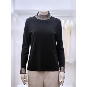 [프렐린]RTP261S11 블랙 도트 시스루 배색 하이넥 티셔츠