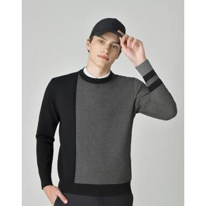 헤지스 골프 25FW ONLINE EXCLUSIVE블랙 남성 컬러 블록 로고 짜임 니트 HUSW5C901BK