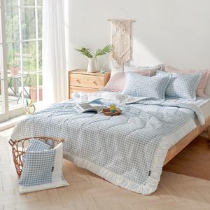 [라몬떼] 썸머 체크 뱀부 시어서커 순면 누빔이불 3종 세트 Q