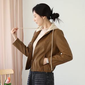 [웬디즈갤러리]니트 후드 페이크 레더 자켓 /여성 간절기 레자 점퍼 UJK101