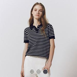 [지오다노]여성 얇은 스트라이프 카라 반팔 니트 스웨터 356524