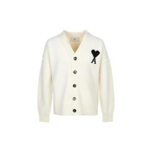 AMI아미 빅 하트 로고 펠트 메리노 울 가디건 아이보리 블랙 UKC367-018-151