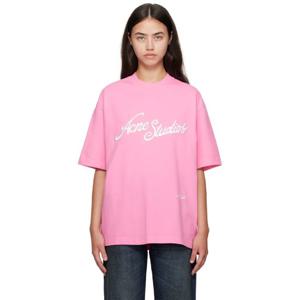 아크네 티셔츠 핑크 루즈 핏 로고 티셔츠 252129F110039