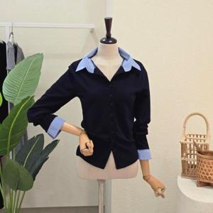 [포커스]FS6B9KC5336_스트라이프 카라 싱글 가디건