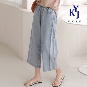 [김영주골프] 여름 데님 스판 옆주름 밴딩 8부 와이드 데일리 여성 청바지 DPMLSL16