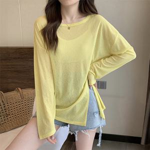 심플라인 배색 여성 시스루 라운드 티셔츠 LK-G025