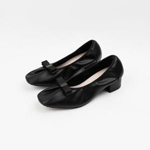 [신난다슈] 여성 구두 펌프스 힐 4cm 여자 리본 밴딩 발편한 통굽 소가죽 BS25105 블랙