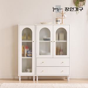 장인가구 쿠르바 모루유리 1200 높은 주방 수납장 세트 (800서랍수납장,400수납장)