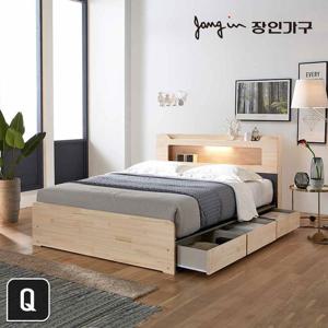 장인가구 시드니 LED 편백나무원목 3서랍 수납침대Q_매트별도