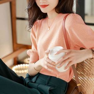 봄 여름 반팔 라운드 넥 여성 기본 니트 피치