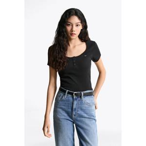 타미데님 여성 슬림 립 버튼 골지 반팔 티셔츠 T32F6TTO02TWT1