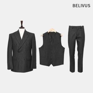 빌리버스 남자 겨울 클래식 헤링본 울블렌드 더블 자켓 정장 쓰리피스 세트 BVOT174