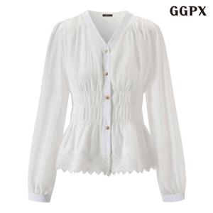 GGPX 데일리 레이스 배색 V넥 셔링 블라우스 (GQABA001D)