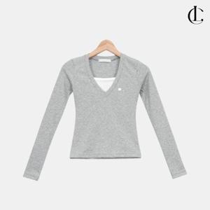 엘케이트 여성 봄 캐주얼 심플 골지 브이넥 레이어드 슬림핏 긴팔 티셔츠 LBB009