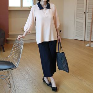 [쉬즈마담]T57311  카라배색 콩진주 벌룬소매티 60대 엄마옷