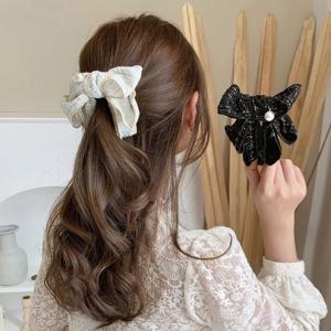 가을느낌 물씬 헤어핀 체크리본 진주포인트 바나나핀