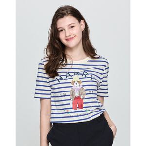 헤지스 여성 면100%블루 스트라이프 해리 그래픽 릭렉스핏 반소매 티셔츠 HSTS5B206B2