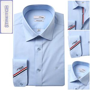 [듀퐁셔츠] 듀퐁셔츠 SE5SM22LS932SBU 구김 적은 슬림핏 블루 솔리드 스트레치 삼선 포인트 소매 로고 긴팔 스판 셔츠 SE5SM22LS