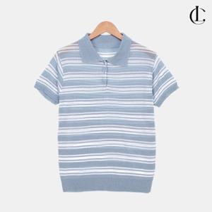 엘케이트 여성 니트 카라 반팔티셔츠 루즈핏 단가라 줄무늬 여름 티셔츠 LCR115