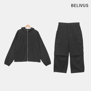 빌리버스 남자 코튼 윈드브레이커 파라슈트 셋업 오버사이즈 후드집업 자켓 면 바람막이 점퍼 세트 BRAT110