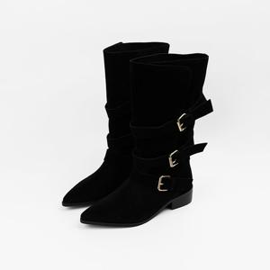 [신난다슈] 여성 미들부츠 3cm 통넓은 하프 미디 부츠 스웨이드 발편한 통굽 AG259052 블랙