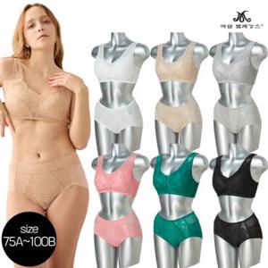 [방송히트]마담엘레강스003 편안한 빅사이즈 보정 노와이어 브라6종 팬티 6종 패키지(75A~100B)