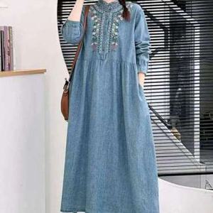 [애슬릿] 여성 빅사이즈 원피스 롱 자수 프릴 데님 긴팔 봄