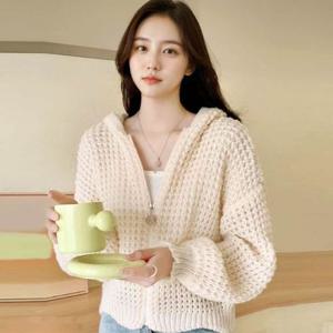 소프트 크롭 가디건 독특한 패턴 후드 집업