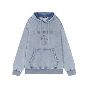 3단 쭈리 오버핏 인디고 워싱 아트웍 후드 티셔츠(B251TS321P)