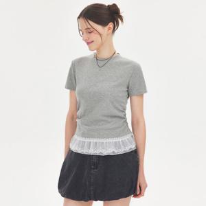 FOCUS  레이스 배색 라운드넥 셔링 티셔츠 PBBF5M1TS6551