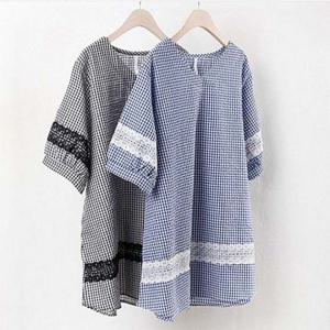 빅사이즈 블라우스 브이넥 체크 레이스 3072626S