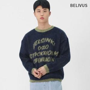 빌리버스 남성 데일리 겨울 자가드 포근 배색 감성 레터링 코지 니트 BNC004