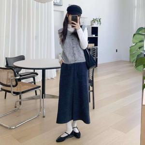 여성용 긴치마 슬릿 큰주머니 격자 디테일