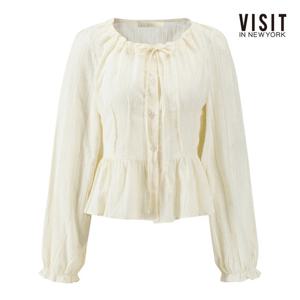 [비지트인뉴욕]스트링 리본넥 폼폼 러플 블라우스 V62LS08