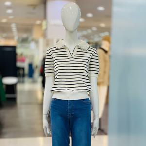 [클리지]브이 오픈카라 단가라 반팔 니트 CQ4WKT04