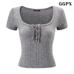 [GGPX]데일리 스퀘어 넥 꽈배기 슬림핏 반팔 니트 (GQBKT003D)