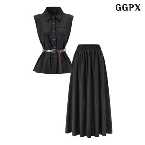[GGPX]민소매 카라 벨티드 셔츠 롱 스커트 셋업 (GQBOW012D)