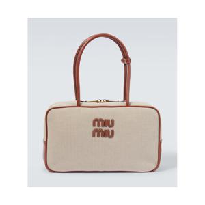 미우미우 로고 레더 트리밍 캔버스 토트 백 P00903552