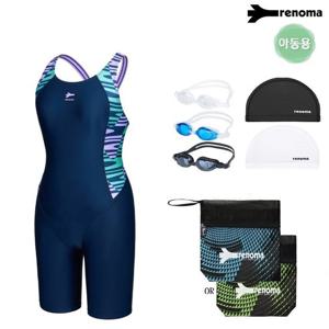 [레노마수영복]여아동 지오메트릭 X백 4부 반신수영복 수경수모세트 GS2G866SET_NV_MA