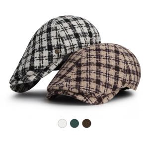 [디꾸보]울 체크 배색 헌팅캡 플랫 모자 HN668NE