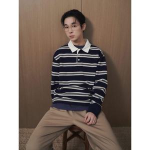 (456241CC3R) [에잇세컨즈] 피케조직 스트라이프 칼라 티셔츠  네이비