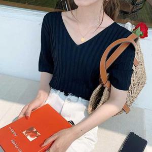 브이넥스타일링 여자 브이넥 스타일링 여름 데일리룩 니트 골지 반팔