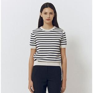 [지오다노]여성 여름 반팔 스트라이프 라운드넥 무지 니트 356523