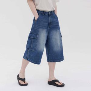 [진마니아]남여공용 와이드 루즈핏 버뮤다 카고 7부 중청 청바지