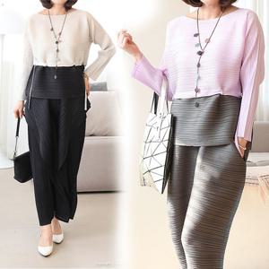 [쉬즈마담]T57299 우아한배색 허리조절 플리츠티 60대 엄마옷