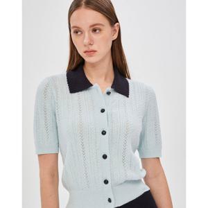 질스튜어트 뉴욕 여성 24FW 블루 짜임패턴 배색 카라 코튼혼방 반팔 가디건 JSSW4C100T1