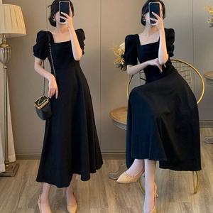 여성 벌룬 소매 A라인 블랙 롱 원피스 ORK-148