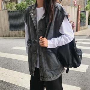 여성 블랙데님 루즈 오버핏 베스트 블랙진 조끼