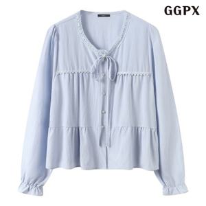 [GGPX]레이스 배색 넥 끈 캉캉 라운드 블라우스 (GQABA002D)