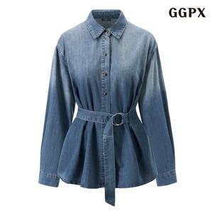[GGPX]벨티드 포인트 데님 워싱 카라넥 긴팔 셔츠 (GQABA008D)